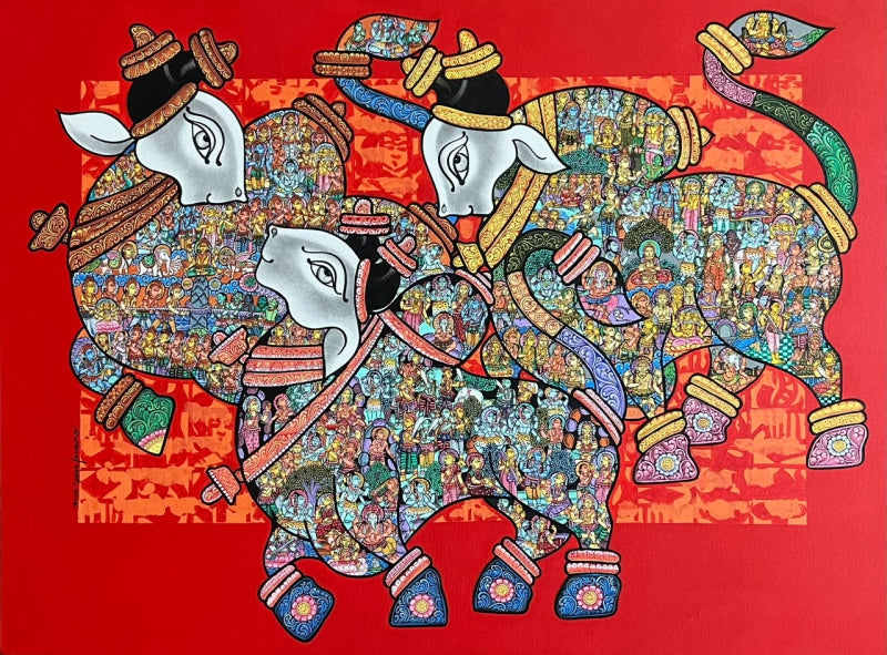 Dancing Nandi 3' religious acrylic painting by artist Vivek Kumavat, 36x48 inch, on canvas