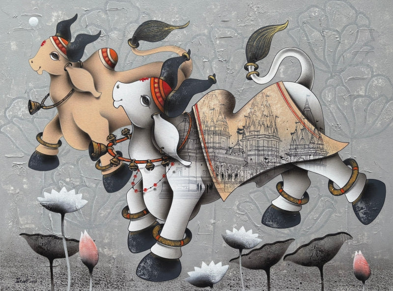 'Dancing Nandi 4' religious acrylic-charcoal painting by artist Paras Parmar, 36x48 inch, on canvas