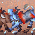 'Dancing Nandi' religious acrylic-charcoal painting by artist Paras Parmar, 36x60 inch, on canvas