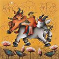 Dancing Nandi' religious acrylic-charcoal painting by artist Paras Parmar, 36x36 inch, on canvas