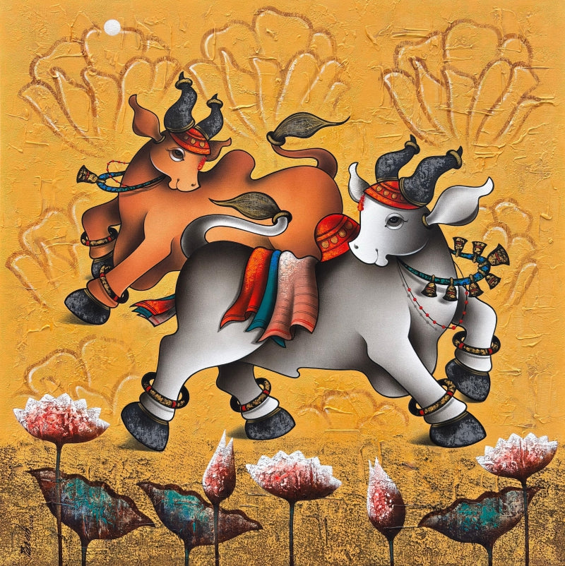 Dancing Nandi' religious acrylic-charcoal painting by artist Paras Parmar, 36x36 inch, on canvas