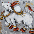 Religious mixed media painting titled 'Dancing Nandi', 39x48 inches, by artist Paras Parmar on Canvas