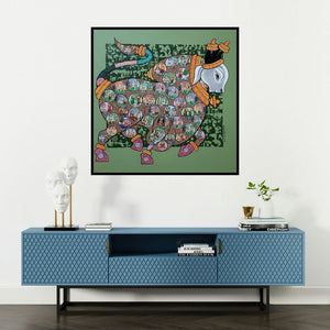 'Dancing Nandis (Sacred Nandi with Circular Scenes)' painting by Vivek Kumavat shown on a wall in a furnished room.