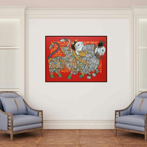 'Dancing Nandis' painting by Vivek Kumavat shown on a wall in a furnished room.