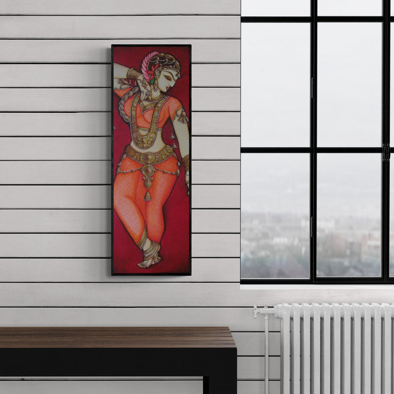 Preview of 'Dancing Woman (Rhythmic Grace)' Painting by Rahul Phulkar shown on a wall in a furnished room.