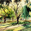 Landscape watercolor painting titled 'Dappled Light', 11x15 inches, by artist Lasya Upadhyaya on Paper