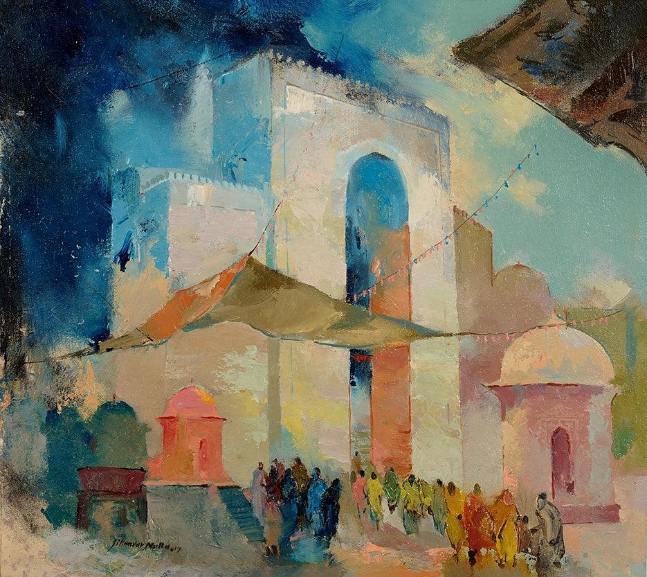 Religious acrylic painting titled 'Dargah Gate', 26x29 inches, by artist Sikandar Mulla on Canvas