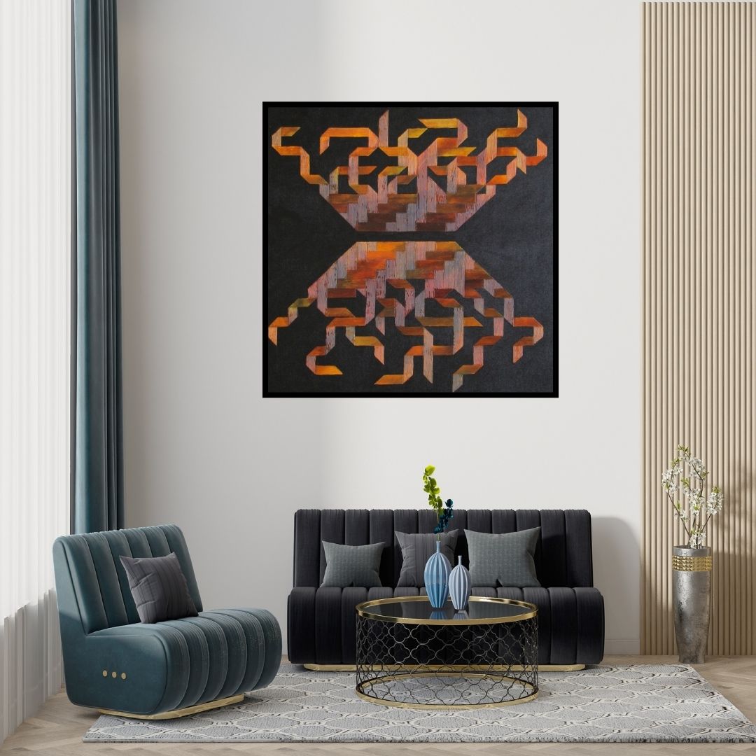 Preview of 'Dark Truth (Abstract painting)' Painting by Kishor Gaonkar shown on a wall in a furnished room.