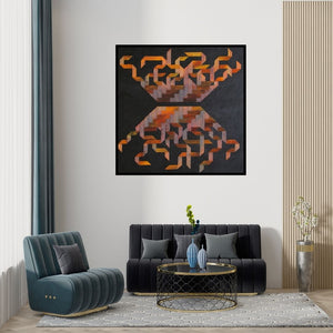 Preview of 'Dark Truth (Abstract painting)' Painting by Kishor Gaonkar shown on a wall in a furnished room.