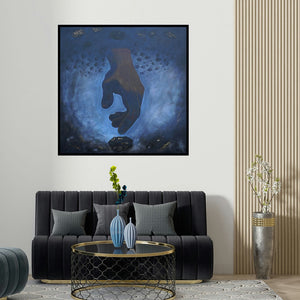 Sudhir Bagde's 'Darkest Moments 1' painting visualized above a sofa in a contemporary room.