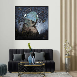 Sudhir Bagde's 'Darkest Moments 6 (Miner's Resolve)' painting visualized above a sofa in a contemporary room.