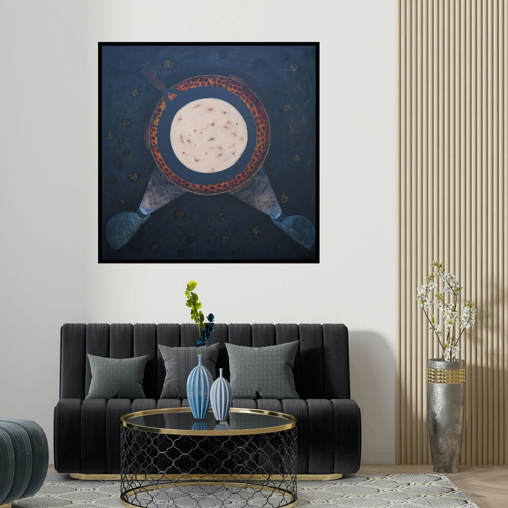 Sudhir Bagde's 'Darkest Moments (Celestial Spotlight)' painting visualized above a sofa in a contemporary room.