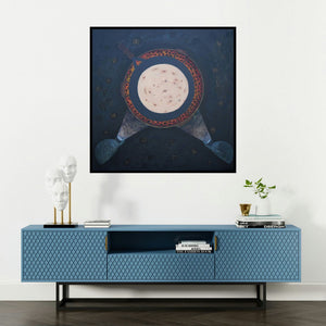 'Darkest Moments (Celestial Spotlight)' painting by Sudhir Bagde shown on a wall in a furnished room.