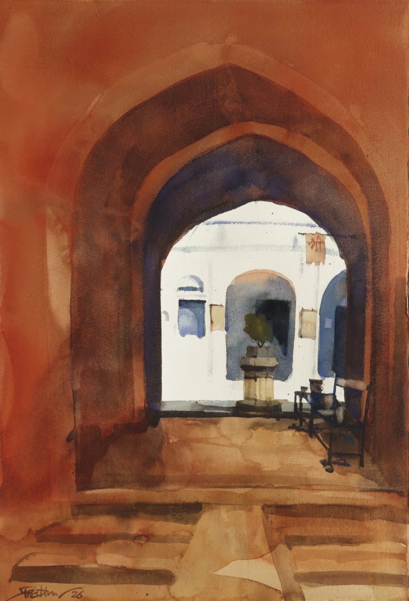 Darkness To Light At Rishikesh' landscape watercolor painting by artist Prashant Prabhu, 22x15 inch, on paper