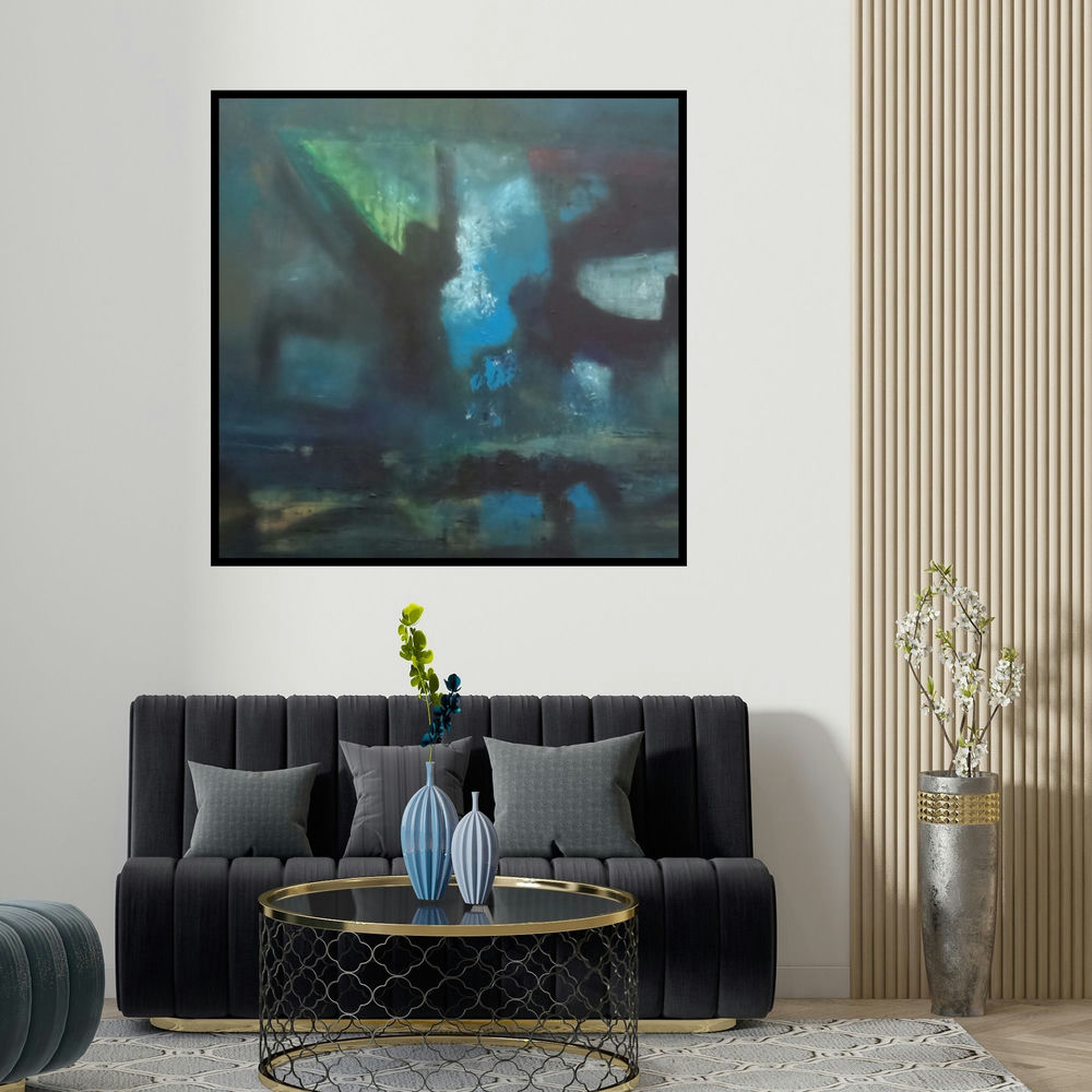 Dnyaneshwar Dhavale's 'The Darkness Of Night (Twilight Reflections)' painting visualized above a sofa in a contemporary room.