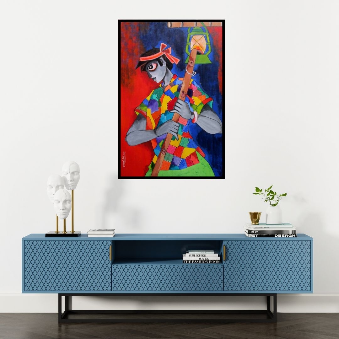 Preview of 'In Darkness' Painting by Sharmi Dey shown on a wall in a furnished room.