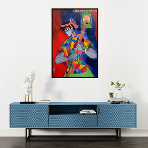 Preview of 'In Darkness' Painting by Sharmi Dey shown on a wall in a furnished room.