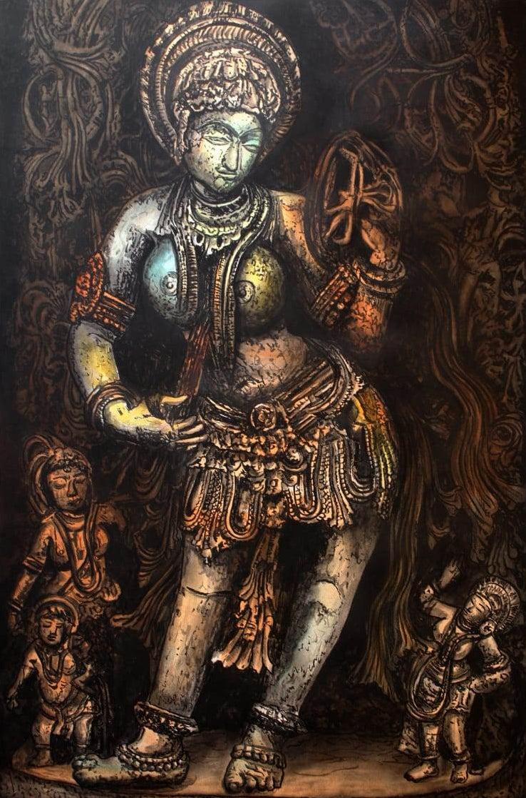 Darpana Sundari 2' religious acrylic-charcoal painting by artist Gangu Naidu Pv, 36x24 inch, on canvas