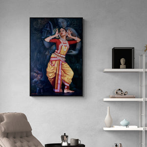 Rajeev M Y's 'Darpana Sundari' Painting visualized above a sofa in a contemporary room