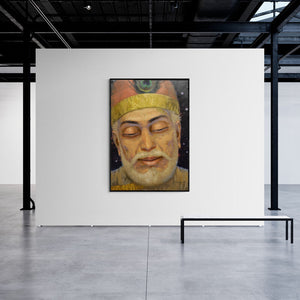 Abhishek Acharya's painting 'Das Kabir Hari Ke Gun Gaave (If you want the truth... - Kabir Quote)' displayed in a modern living room setting