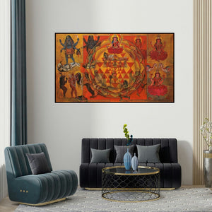 N P Rajeshwarr's 'Dasha Maha Vidya (The Ten Wisdom Goddesses)' painting visualized above a sofa in a contemporary room.