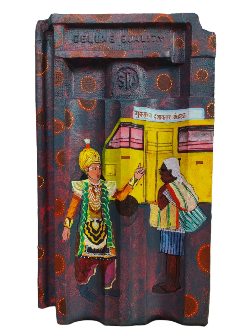 Dashavatar 1' religious acrylic painting by artist Harshada Kolapkar, 16x9 inch, on terracotta roof