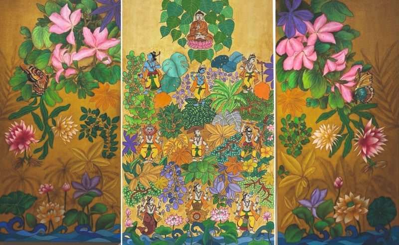 Dashavatar Nature (Triptych)' religious acrylic painting by artist Raghu Akula, 48x72 inch, on canvas