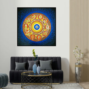 Madhavi Joshi's 'Dashavtar (Cosmic Mandala Depicting Hindu Deities)' painting visualized above a sofa in a contemporary room.