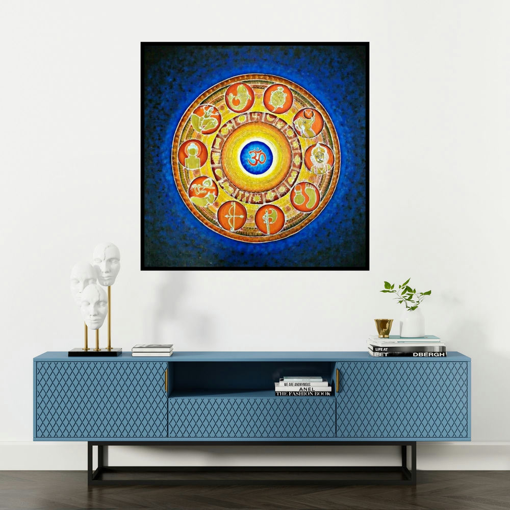 'Dashavtar (Cosmic Mandala Depicting Hindu Deities)' painting by Madhavi Joshi shown on a wall in a furnished room.