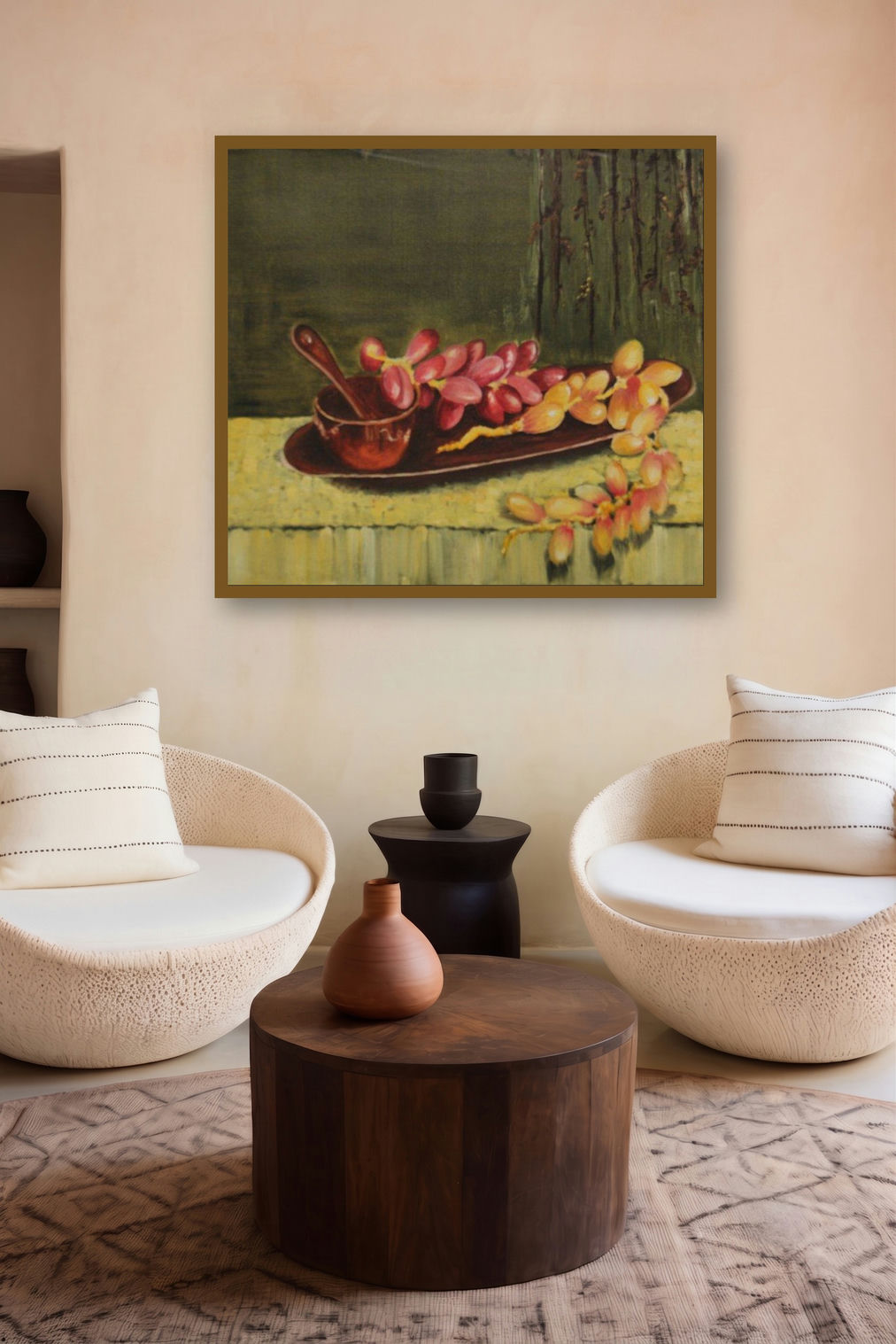 Dates On The Tray (Grapes) by artist Krupa Shah displayed in a Boutique gallery