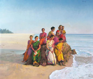 Figurative oil painting titled 'Daughters Of The Sea', 46x53 inches, by artist Paresh Thukrul on Canvas