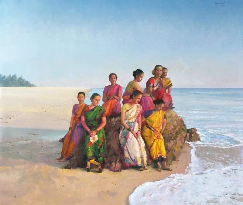 Figurative oil painting titled 'Daughters Of The Sea', 46x53 inches, by artist Paresh Thukrul on Canvas