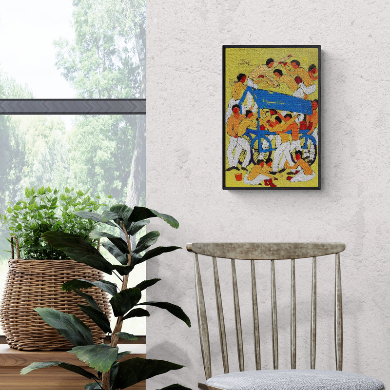 Preview of 'Day 8 (Street Food Hustle)' Painting by Kumar Ranjan shown on a wall in a furnished room.