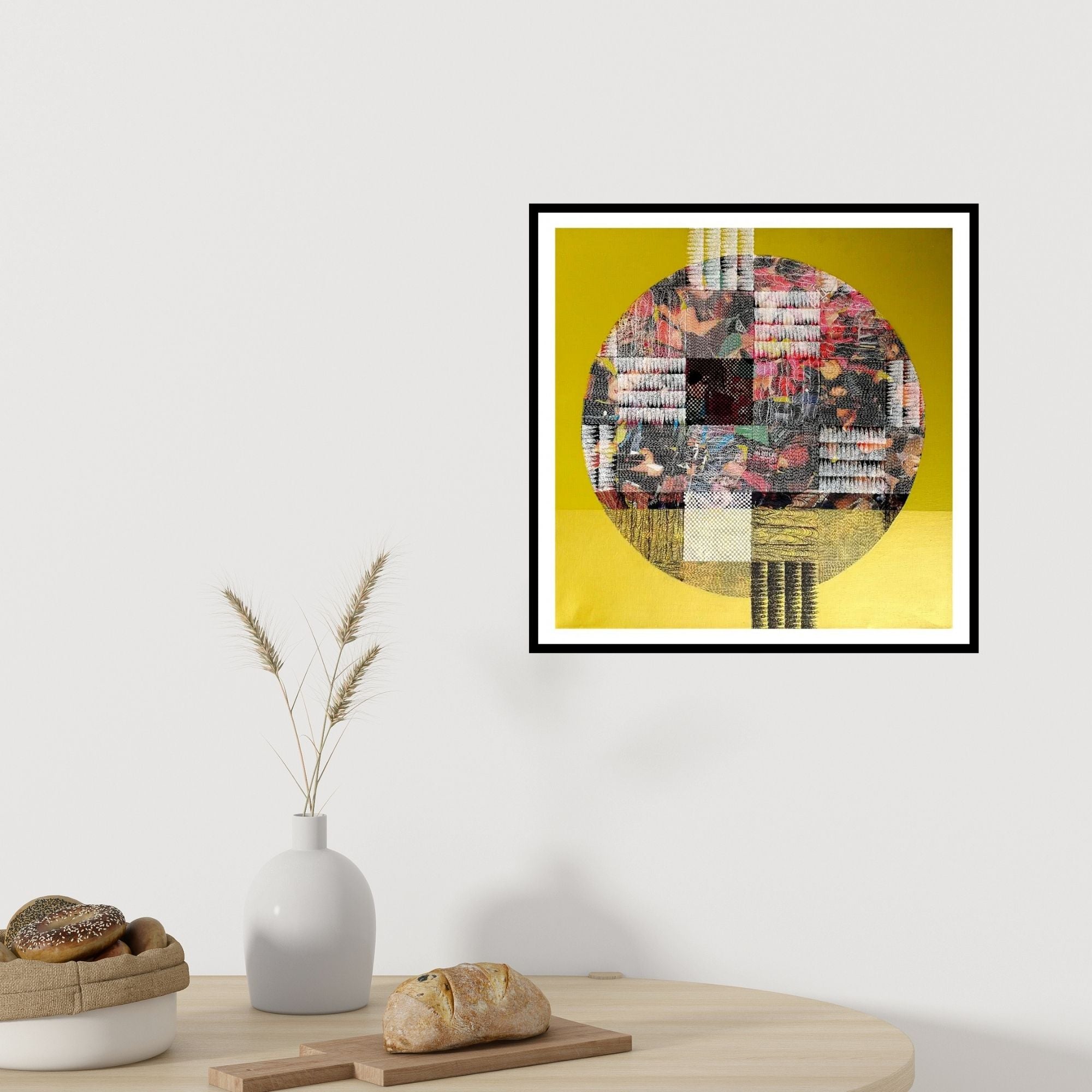 In-situ view of Ekta Sharma's 'Day Of College2 (Intricate Patterned Sphere on Yellow)' painting in a room