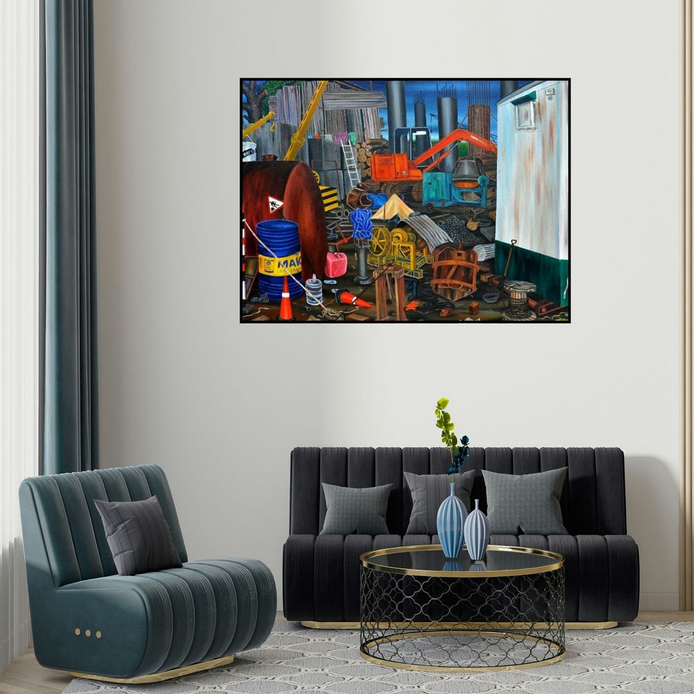 Rejeesh Sarovar's 'Days Of Silence (The Hustle and Bustle)' painting visualized above a sofa in a contemporary room.