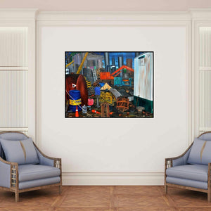 'Days Of Silence (The Hustle and Bustle)' painting by Rejeesh Sarovar shown on a wall in a furnished room.