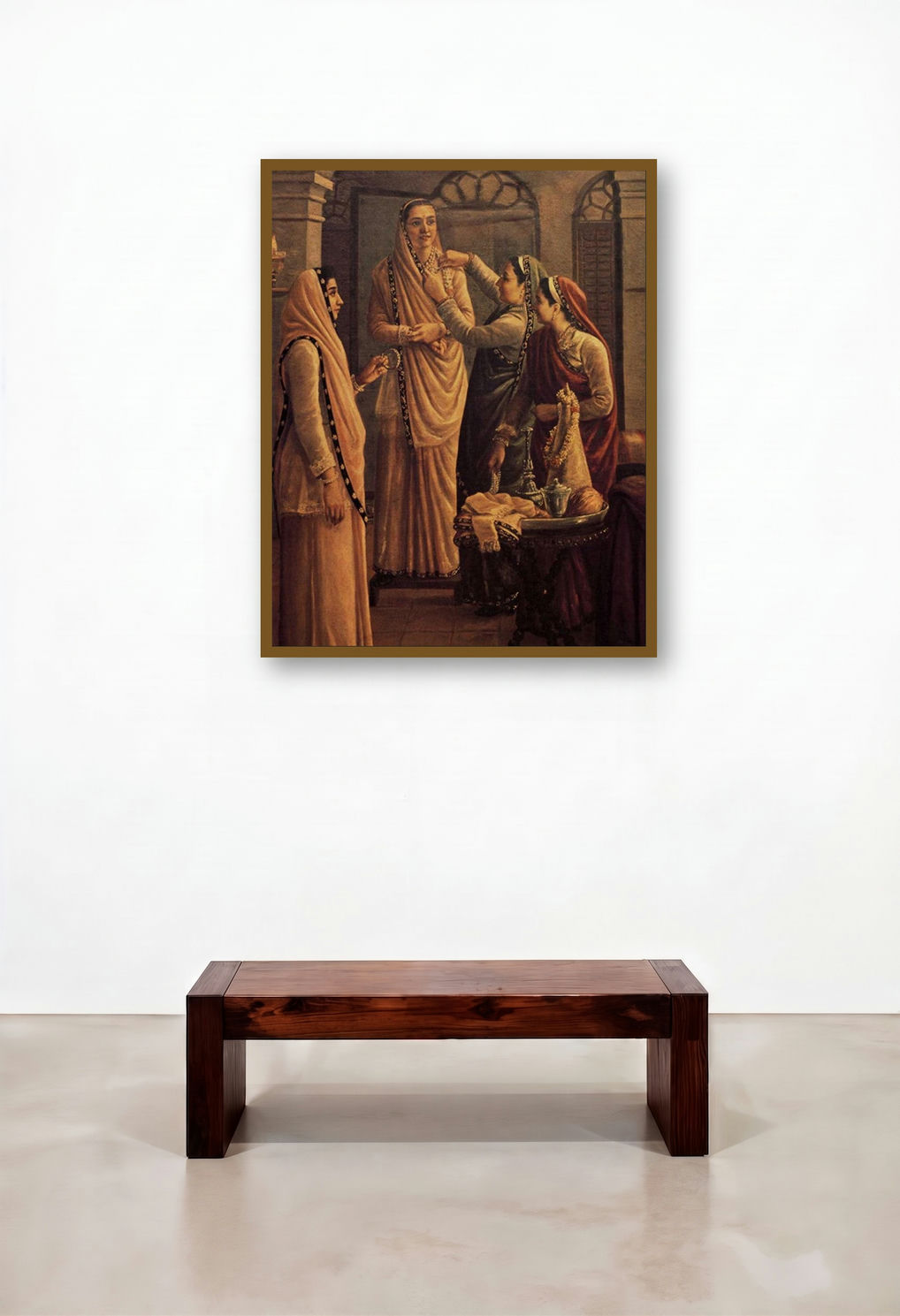 Decking The Bride (Adorning the Bride) by artist Raja Ravi Varma displayed in a Scandinavian Living Room