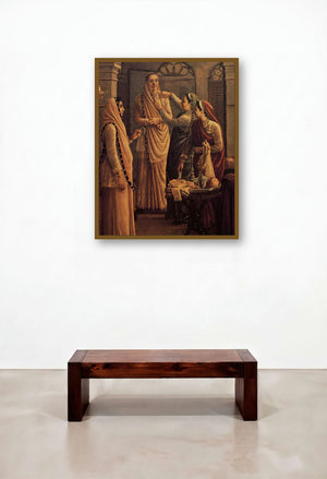 Decking The Bride (Adorning the Bride) by artist Raja Ravi Varma displayed in a Scandinavian Living Room