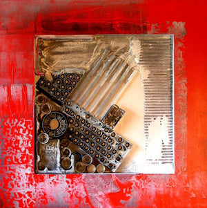 Decorative Assemblages Iv by Vivek Rao, Original Wood Abstract Painting on Wood, Small Square Wall Art