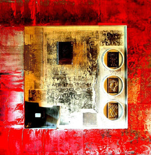 Decorative Assemblages Vii by Vivek Rao, Original Wood Abstract Painting on Wood, Small Square Wall Art