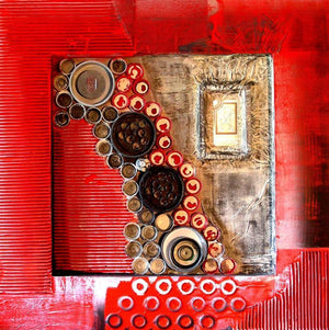 Decorative Assemblages Viii by Vivek Rao, Original Wood Abstract Painting on Wood, Small Square Wall Art