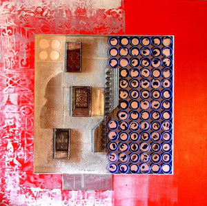 Decorative Assemblages Xi by Vivek Rao, Original Wood Abstract Painting on Wood, Small Square Wall Art