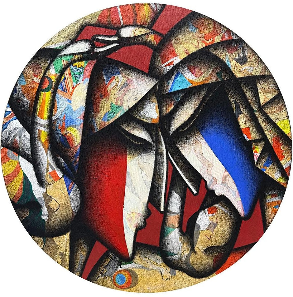 Deep Affection 2' figurative acrylic-charcoal painting by artist Jagannath Paul, 30x30 inch, on canvas