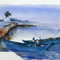 Deep Into The Blues Of Backwaters' seascape watercolor painting by artist Prashant Prabhu, 22x30 inch, on paper