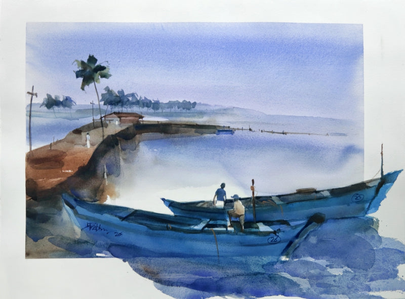 Deep Into The Blues Of Backwaters' seascape watercolor painting by artist Prashant Prabhu, 22x30 inch, on paper
