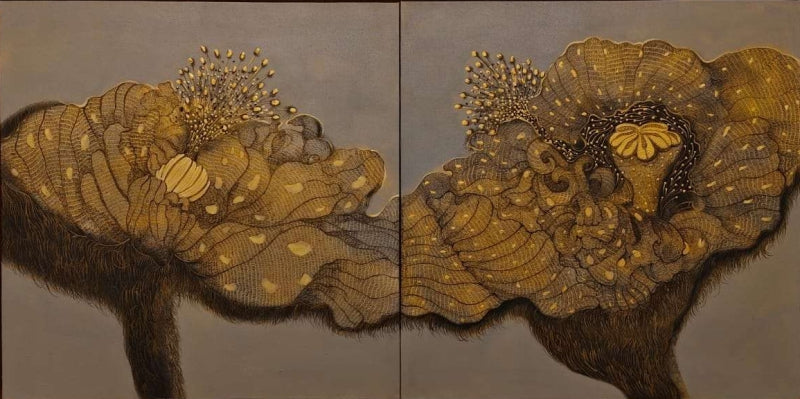 Deep Connection (Diptych)' nature mixed-media painting by artist Yogesh Powale, 24x48 inch, on canvas