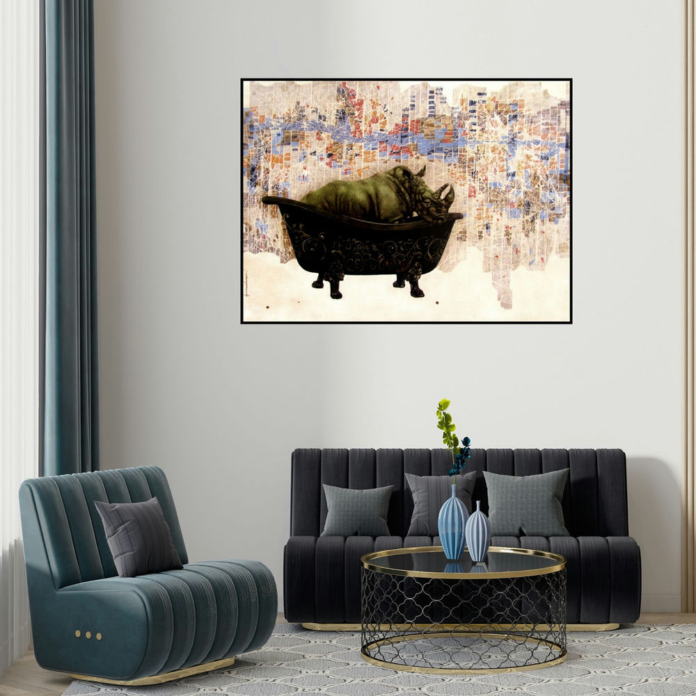 Guru Kinkar's 'Deep Insight 6 (Urban Safari)' painting visualized above a sofa in a contemporary room.