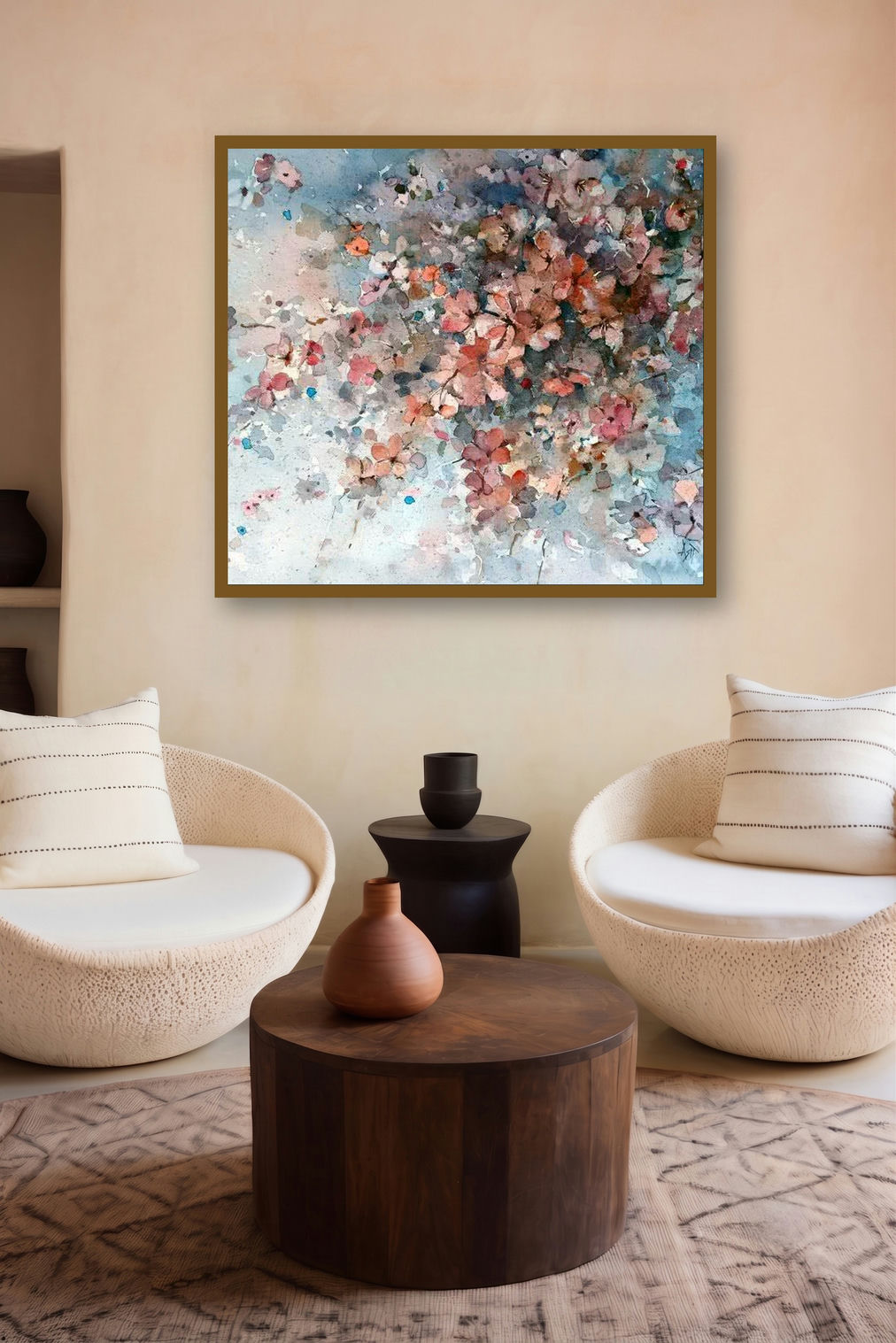 Delicate (Abstract Floral Watercolor) by artist Asit Singh displayed in a Minimalist gallery