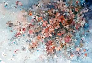 Delicate (Abstract Floral Watercolor) by Asit Singh, Original Watercolor Nature Painting on Paper, Small Horizontal Wall Art