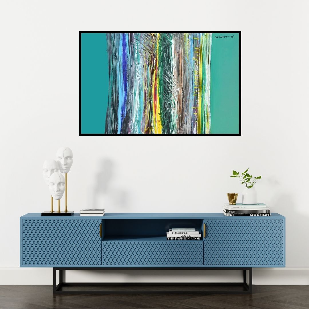 Preview of 'Deluge (Rhythm and Structure)' Painting by Arun K Mishra shown on a wall in a furnished room.